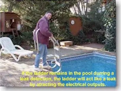 Lifting the ladder out; the caption on the photo says a ladder left in the pool acts like a leak by attracting the current