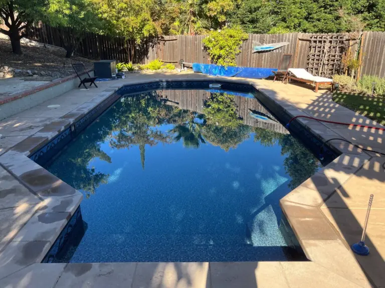 Rectangular pool reflecting the trees around it, with a concrete deck and a wooden fence