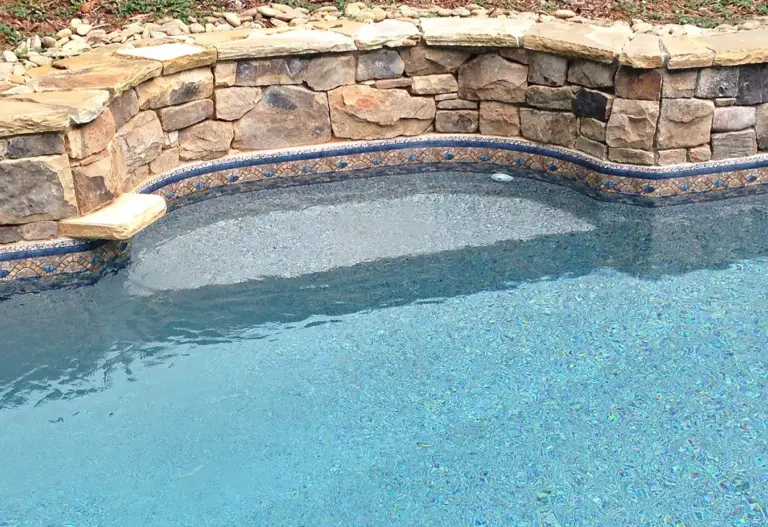 Curved pool in the Savannah liner, its stone-and-tile border along the coping