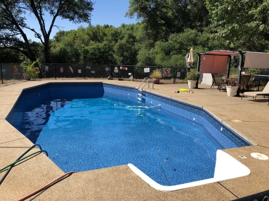 Pool with a deep blue liner, a white corner step and a ladder, trees and a gazebo behind